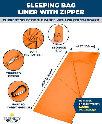 The Friendly Swede Sleeping Bag Liner - Cold Weather Camping Sheets & Adult Sleep Sack with Full Length Zipper; Microfiber Soft Travel Sheets for Hotel with Stuff Sack - Orange (Zipper)
