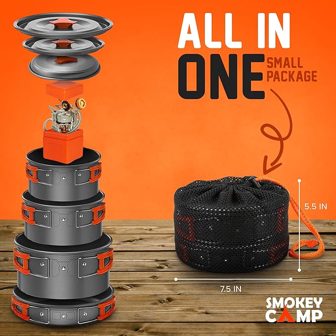 Camping Cookware Mess Kit Set with Stove - Backpacking Compact Camping Cookware, All in One Non-Stick Camping Cooking Set, Portable Stove, Hiking, Picnic, Outdoor & Camping Cookware Set