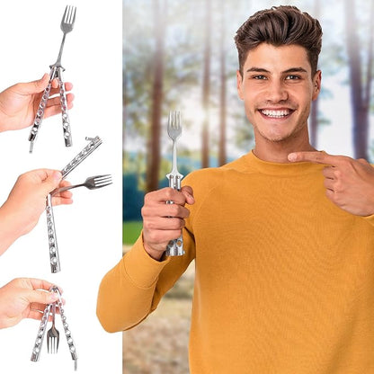 Caliber Gourmet Tactical Butterfly knife style Fork-Folding Stainless Steel Camping Hiking BBQ Grill Picnic Flatware Utensil