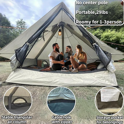DANCHEL OUTDOOR B2I Waterproof Inflatable Camping Tent with Stove Jack for 1-3 Person, No Center Pole Portable Blow up Galmping Yurt with Pump, 300D Oxford Polyester Bell Tent Hiking, 29lbs, 3m
