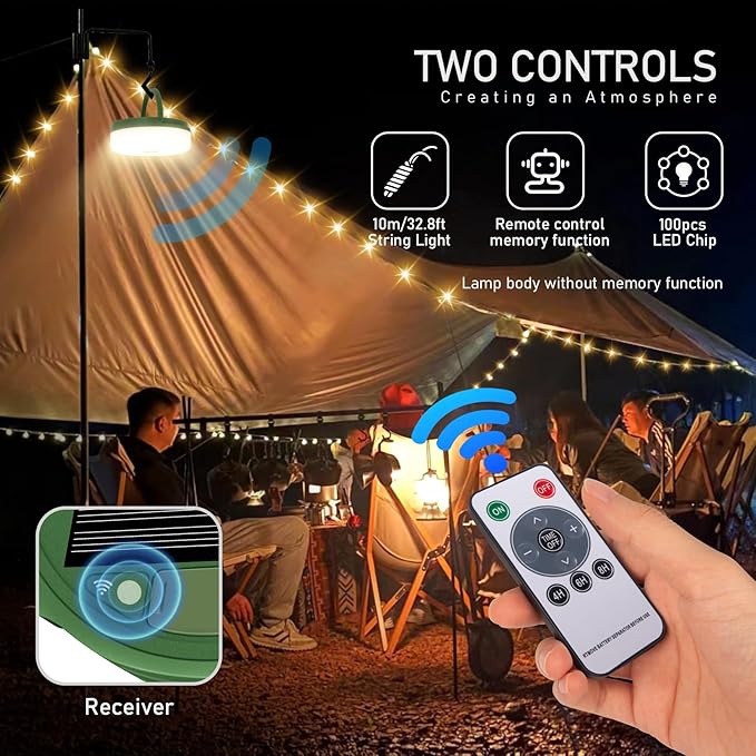 Camping String Lights,Solar Rechargeable Portable Outdoor LED String Light with Remote Control(39.4 Ft Warm Light),Yard Tent Hanging Garden Party Festival Decor Waterproof String Lights