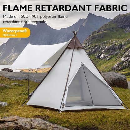 Waterproof 3-4 Person Camping Tent with Awning, Pyramid Teepee Tents for Family, 3 Season Anti-UV Weatherproof, Roomy Tipi Tent for Family Camping, Outdoor, Backpacking, Hiking