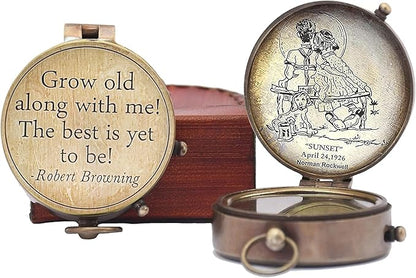 Grow Old Along with me Engraved Compass with Norman Rockwell Sunset Engraving, Valentine Gift, Birthday, Long Distance, Love, Sorry, Keepsakes, Old Memories