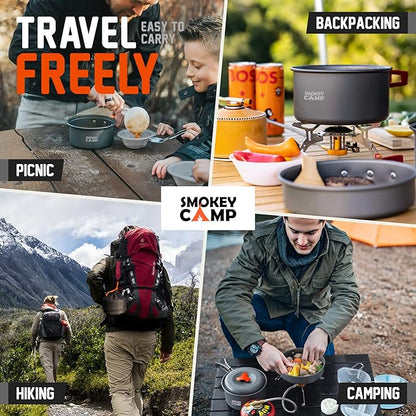 Camping Cookware Mess Kit Set with Stove - Backpacking Compact Camping Cookware, All in One Non-Stick Camping Cooking Set, Portable Stove, Hiking, Picnic, Outdoor & Camping Cookware Set