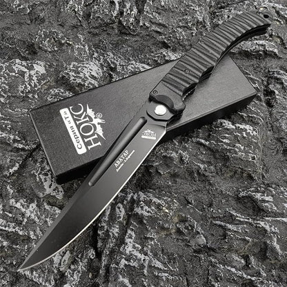 HUAAO 12 INCH Russian Avatar Folding Knife for Men,D2 Blade Black G10 Handles Tactical Survival Gear Saber Knives,Safety Liner Lock,Flipper Assisted Outdoor Camping Tool (Black blade)