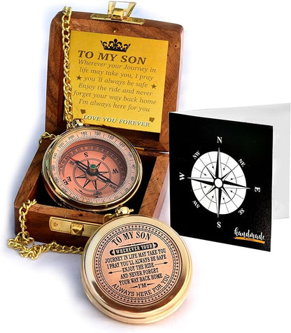 to My Son Compass with Wooden Box-Mom to Son Compass–Father to Son Gifts- to My Grandson -Graduation Day Gifts for Son-Birthday, Baptism, Graduation, Confirmation, Communion Compass for Women Men