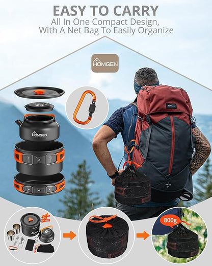 HOMGEN Camping Cooking Set Camping Pots and Pans Set Aluminium Camping Cookware Kit Protable Cooking Mess Kit Lightweight Camping Cooking Equipment for 2-3 People Perfect for Camping Picnic Hiking etc
