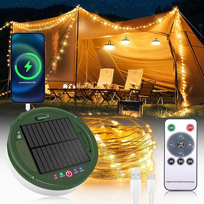 Camping String Lights,Solar Rechargeable Portable Outdoor LED String Light with Remote Control(39.4 Ft Warm Light),Yard Tent Hanging Garden Party Festival Decor Waterproof String Lights