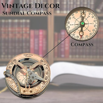 Antique Brass & Copper Sundial Compass, Sundial Clock in Box Gift Sun Clock Ship Replica Watch, Nautical Gifts for Men, Unique Nautical Decor, Naval Maritime Sundial