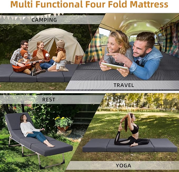 Memory Foam Camping Mattress Pad, 4 Inch Thick Waterproof Foldable Sofa Bed Floor Mattress, Portable Sleeping Pad for Adult, Sleeping Mat for Travel RV Camping Guest Yoga