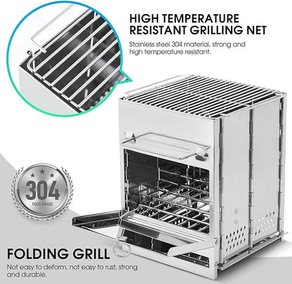 Portable Camping Stove Mini Wood Burning Stove Rocket Stove Folding Stainless Steel Camp Stove Compact Lightweight Backpacking Stove for Tent Outdoor Hiking Cooking BBQ