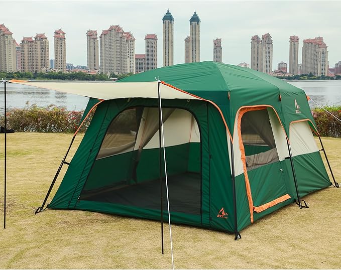 KTT Extra Large Tent 10-12-14 Person(Style-B),Family Cabin Tents,2 Rooms,3 Doors and 3 Windows with Mesh,Straight Wall,Waterproof,Double Layer,Big Tent for Outdoor,Picnic,Camping,Family Gathering