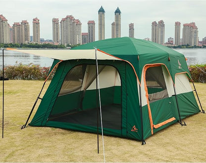 KTT Extra Large Tent 10-12-14 Person(Style-B),Family Cabin Tents,2 Rooms,3 Doors and 3 Windows with Mesh,Straight Wall,Waterproof,Double Layer,Big Tent for Outdoor,Picnic,Camping,Family Gathering