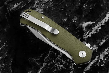 Holtzman's Gorilla Survival Folding Knife D2 Steel Blade G10 Handle Pocket Knife EDC Giftset for Men and Women (half stonewashed half silver blade + green handle (LM042))