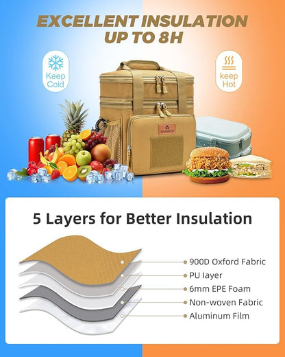 HSHRISH Expandable Large Tactical Lunch Box for Adults, Double Deck Durable Insulated Lunch Bag, Leakproof Cooler Bag Lunch Pail for Men Work Outdoor Picnic Trips, 24Cans/15L(Brown)