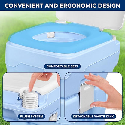 SereneLife 20L Portable Toilet for RV Camping, Boating, and Other Recreational Activities, 120 Flushes, Detachable Waste Tank with Hand Sprayer and Carry Bag, Comfortable Camping Toilet
