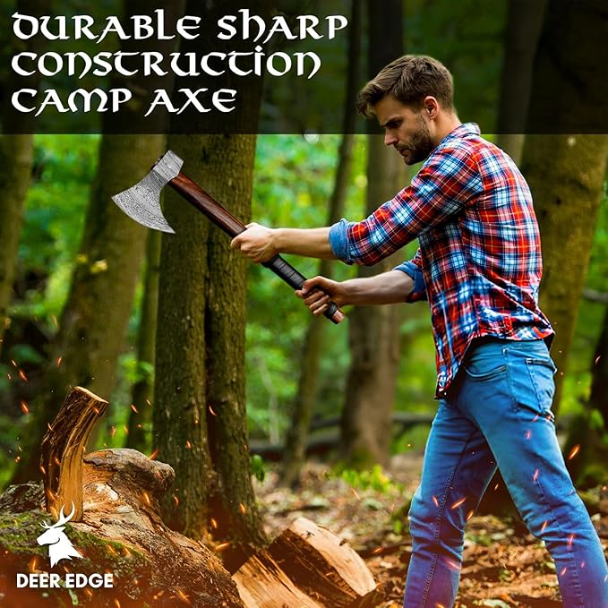 Damascus Axe | Wooden Axe | Axe with Leather Sheath | Straight Handle with Black Wrapping
