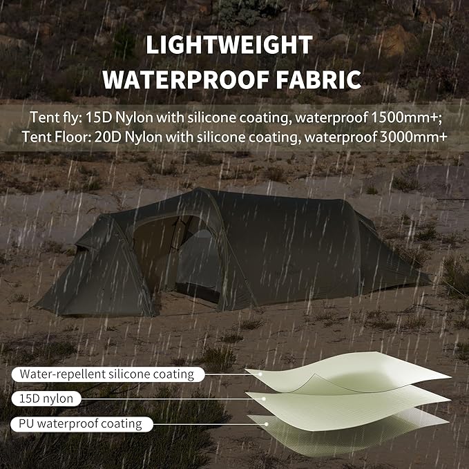 Naturehike Opalus 2/3 Person Tunnel Tent, Lightweight Backpacking Tent with Vestibule, Double Wall 4 Season Tents for Camping
