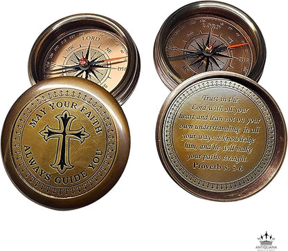 Trust in The Lord with All Your Heart - Proverbs 3:5-6 Quote Engraved Compass with Wooden Box or Leather case, Greeting Card, Gift Compass, Graduation Day Gifts 2025 for Women Men Boys Girls