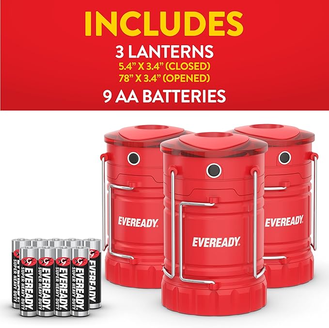 Eveready LED Camping Lantern 360 PRO (3-Pack), Super Bright Tent Lights, Rugged Water Resistant LED Lanterns, 100 Hour Run-time (Batteries Included)