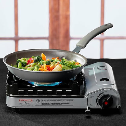 Portable Butane Camping Stove, Piezo Click Ignition, 15,000 BTU Output, Double Wind-Guard Portable Stove Burner for Emergency, Tailgating, Hiking, Backpacking, Camping Essentials by Chef Master #90019
