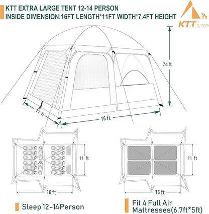 KTT Extra Large Tent 10-12-14 Person(Style-B),Family Cabin Tents,2 Rooms,3 Doors and 3 Windows with Mesh,Straight Wall,Waterproof,Double Layer,Big Tent for Outdoor,Picnic,Camping,Family Gathering