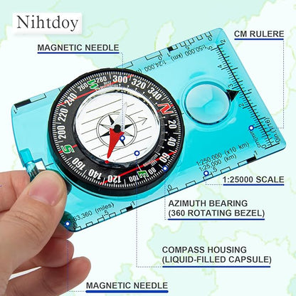 Multipurpose Outdoor Compass for Hiking, Scouting, Camping, and Navigation - Liquid-Filled, Transparent Base with Measuring Scales, Durable and Compact
