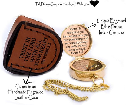 Trust in The Lord With All Your Heart - Proverbs 3:5-6 Quote Engraved Compass With Wooden Box, Greeting Card, Gift Compass, Graduation Day Gifts 2024 for Women Men Boys Girls