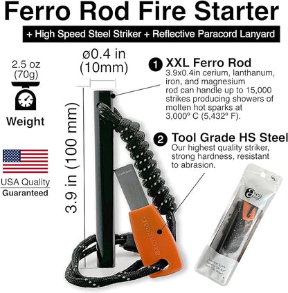 Camping Flint and Steel Fire Starter, 0.4x4in (10x100mm) Ferro Rod, HSS Striker, Paracord, Waterproof Outdoor Survival Kit aZengear