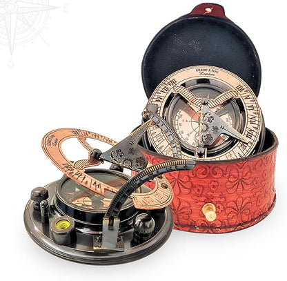 Antique Brass & Copper Sundial Compass, Sundial Clock in Box Gift Sun Clock Ship Replica Watch, Nautical Gifts for Men, Unique Nautical Decor, Naval Maritime Sundial