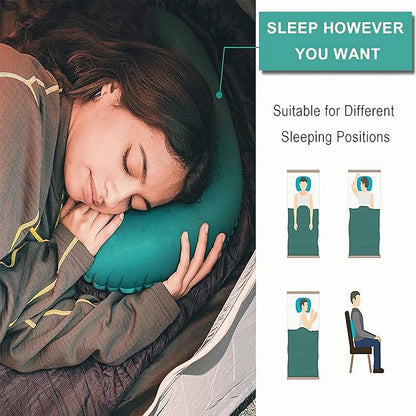 Portable Inflatable Neck Pillow for Outdoor Travel, Camping, Office Naps-Polyester，Color Available-Simple and Comfortable (Cyan)