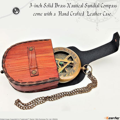 Nautical Sunclock Compass Handmade Solid Brass Vintage Style Sundial Push Open Navigational Compass with Leather Gift Case Best for Your Loved Ones