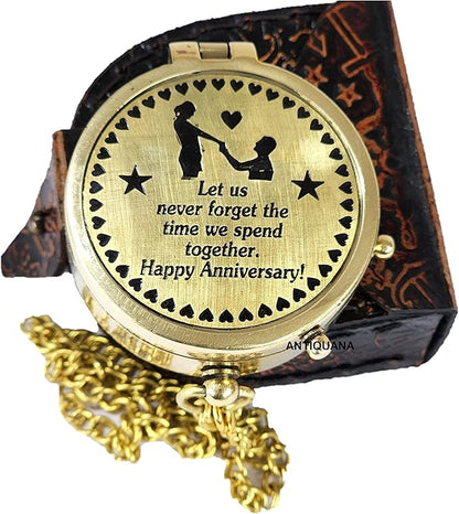 Brass Compass Unique Print ' Happy Anniversary ' Engraved Compass with Leather Case and Chain A Great Gift Item for Your Loved One