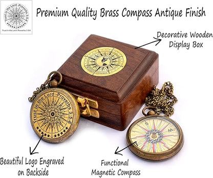 Trust in The Lord with All Your Heart -Proverbs 3: 5-6 Quote Engraved Compass with Wooden Box, Birthday, Baptism, Communion, Christmas, Graduation Day Gifts 2025 Compass for Women Mens Boy Girls
