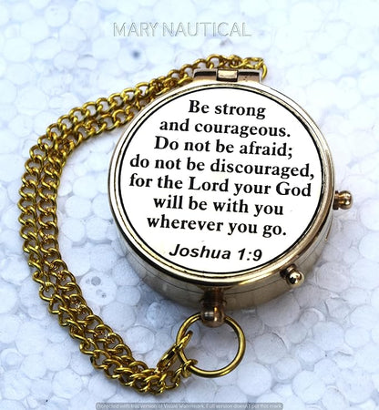 Brass Compass | Engraved Religious Joshua 1:9 Quote Gift, Be Strong & Courageous