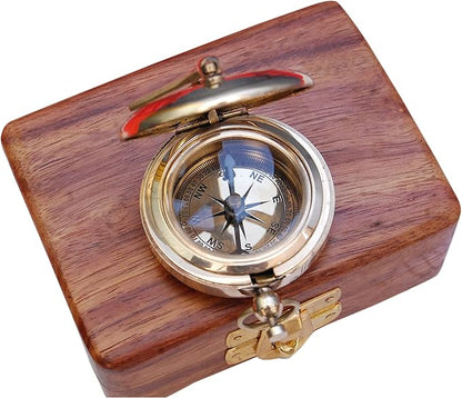 Brass Nautical Compass with Wooden Case - Antique Brass & Copper Sun Clock for Camping, Hiking, Touring - Engraved Gift for Him - Nautical Clock - Compass Gift