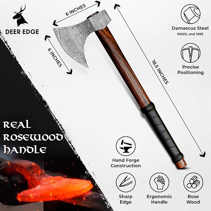 Damascus Axe | Wooden Axe | Axe with Leather Sheath | Straight Handle with Black Wrapping