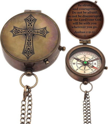 Baptism Gift Personalized Keepsake Compass Engraved Cross and Be Strong and Courageous, Confirmation Gift Ideas, Gift of Faith. Missionary