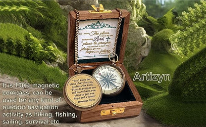 For I Know The Plans I Have For You Brass Magnetic Compass Engraved with Scripture Jeremiah 29:11, Directional Compass, Religious Gifts For Men, Easter Gifts For Teen Boys