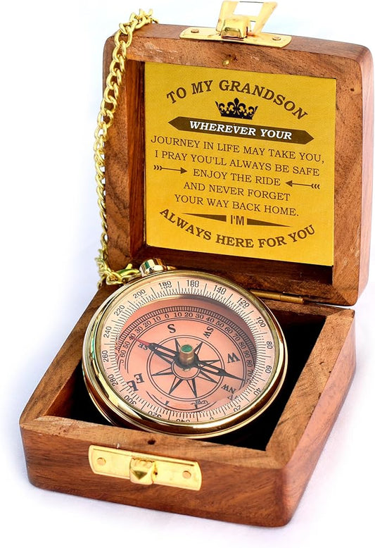 Gift for Grandson Brass Compass Engraved Quote | Memory Present to My Grandson Birthday, Baptism, Graduation, Confirmation, Love, Gift idea by Grandpa Grandma, 2025 Gift