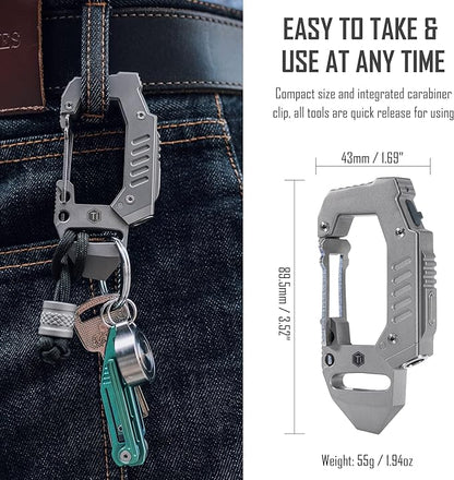 KeyUnity KF02 Titanium Multitool Carabiner Clip, 7 in 1 Multifunctional Keychain Flashlight for Camping, Hiking & Outdoor Activities