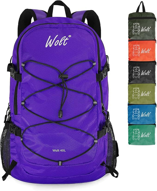 WOLT 40L Packable Travel Backpack, Foldable Lightweight Backpack for Men Women,Waterproof Hiking Bag for Outdoor Camping (Purple)