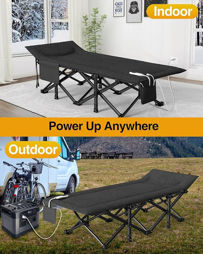 ZENPETIO Heated Camping Cot for Adults, Durable Foldable Cot Bed with Pad & Carry Bag, Portable Sleeping Cot for Camping Home Guest Stay, Direct Plug-in Design for Reliable Heating, Black
