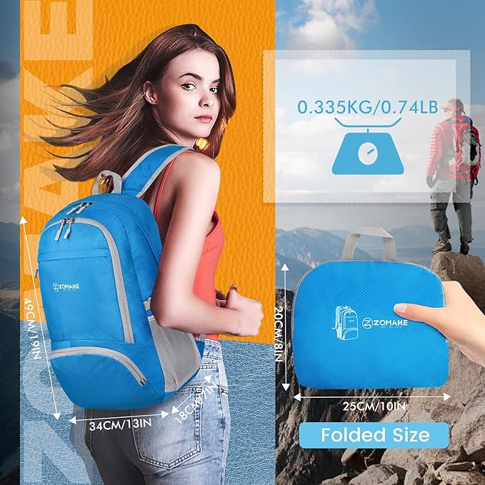 ZOMAKE Lightweight Packable Backpack 30L, Foldable Hiking Backpacks Water Resistant Compact Folding Daypack for Travel(Light Blue)