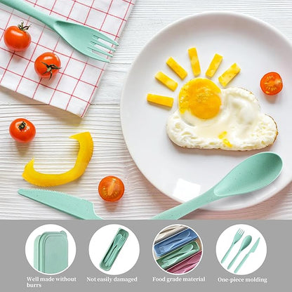 Reusable Travel Utensils Set with Case, 4 Pack Reusable Wheat Straw Portable Utensils Set with Case, Travel Utensils for Lunch, Camping, Picnic, Travel (Green, Pink, Blue, Beige)