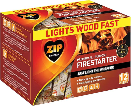 ZIP All Purpose for Outdoor and Indoor Long Burn Time Instant Light Fire Starter Ideal for Barbecue, Grilling, Camping, Hunting, Fishing, Tailgating, Firepits, Fireplace, Stove, Bonfires, Heating 12pk