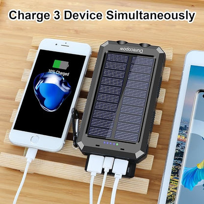Solar Charger Power Bank, 20000mAh Portable Outdoor Waterproof Solar Battery Charger, Camping External Backup Battery Pack USB C Ports Input/Output, 2 Led Light Flashlight with Compass (Black)