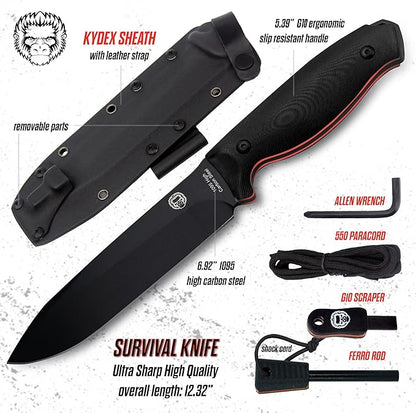 Holtzman's Gorilla Survival 'Fireline' Fixed Blade Hunting Knife with Sheath, Fire Starter Scraper & Paracord (Green)