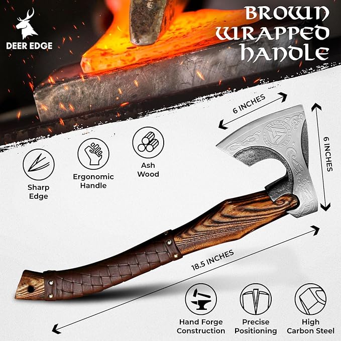 Carbon Steel Axe | Throwing Axe | Best Gift for him | Brown Wrapped Handle with Leather Sheath | Ideal for Camping and Hiking