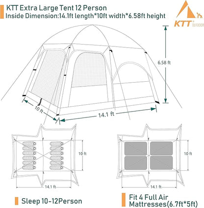 KTT Extra Large Tent 10-12-14 Person(Style-B),Family Cabin Tents,2 Rooms,3 Doors and 3 Windows with Mesh,Straight Wall,Waterproof,Double Layer,Big Tent for Outdoor,Picnic,Camping,Family Gathering